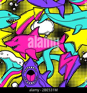 Nahtloses Muster mit Zeichentrickhaien. Urbaner bunter Teenager-Kreativhintergrund. Stock Vektor