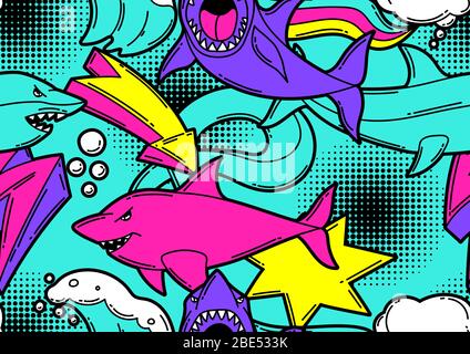 Nahtloses Muster mit Zeichentrickhaien. Urbaner bunter Teenager-Kreativhintergrund. Stock Vektor