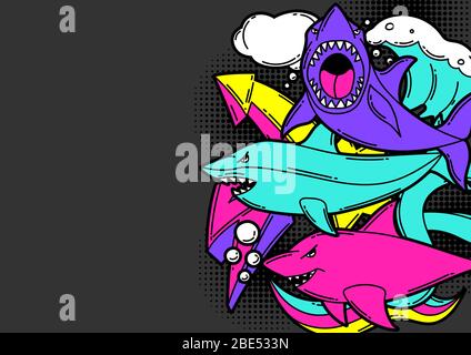 Hintergrund mit Cartoon Haie. Urban bunte Teenager kreative Illustration. Stock Vektor