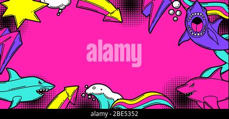 Hintergrund mit Cartoon Haie. Urban bunte Teenager kreative Illustration. Stock Vektor