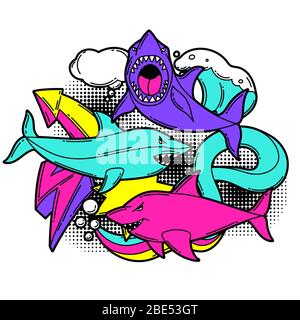 Drucken Sie mit Cartoon Haien. Urban bunte Teenager kreative Illustration. Stock Vektor