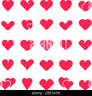 Heart Shapes Kollektion. Love Symbol, rote Herzen für Valentinstag Grußkarte Design, elegante romantische Elemente Vektor isoliert Symbole gesetzt Stock Vektor