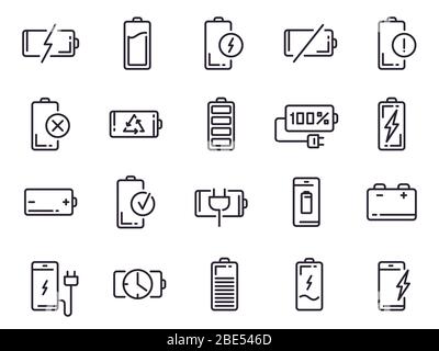 Symbol für den Ladezustand mit Strom. Batterieladung, Smartphone-Power-Level, elektrische Ladestation und Recycling Line Art Elemente für UI-Design-Vektor isoliert Stock Vektor