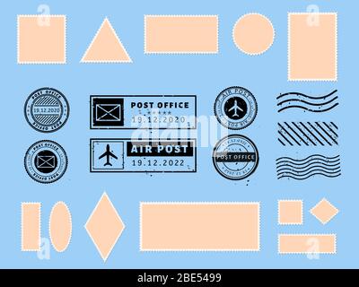 Postkartenstempel. Papier Postkarten und Luft Grenze Briefmarkenrahmen, Pass Visum international angekommen Briefmarken und philatelistische Postkarten Vorlage Vektor Stock Vektor