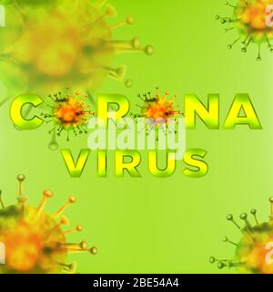 Corona Virus -2019-nCoV) quadratisches Banner Wort mit realistischen Virus-Symbolen, Vektor-Illustration. Auf grünem Hintergrund Stock Vektor