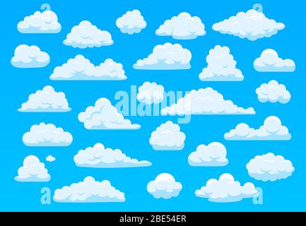 Cartoon Himmel Wolken. Flauschige weiße Wolken am blauen Himmel, helle Wolkenlandschaft Wetter stimmungsvolles Panorama. Nette Wolken von verschiedenen Form Vektor-Cartoon Stock Vektor