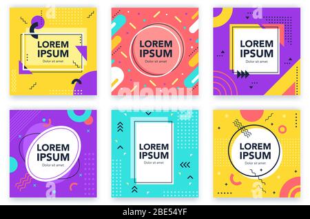 Abstrakte Grafikrahmen der 90er Jahre. Memphis Vintage quadratische Vorlagen, abstrakten Kreis, Linien und Punkte Elemente Karten. Trendy funky memphis Design 80er Jahre Text Stock Vektor