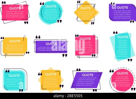 Textfeld „Zitat“. Zitierte Box Frame Label, Social Network Zitate Dialog Blase, Anmerkung Textrahmen und Quote Frames Vorlage Vektor isolierte Symbole gesetzt Stock Vektor
