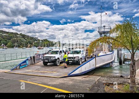 Fährschiff bei Fähranlegestelle in Opua, Bay of Islands, Northland Region, Nordinsel, Neuseeland Stockfoto