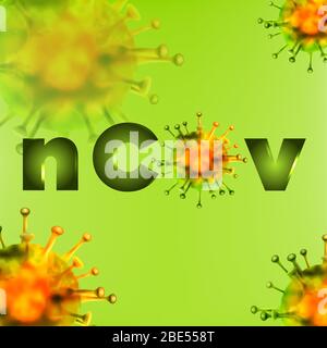 NCoV. Corona Virus Krankheit Text Banner. Mit realistischer Darstellung des Coronavirus. Vektorgrafik. Isoliert auf grünem Hintergrund Stock Vektor