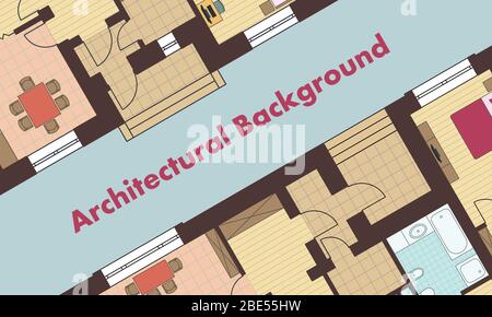 Architekturhintergrund. Architektonische Pläne von Wohngebäuden. Die Zeichnungen der Hütten. Bunte Vektorgrafik EPS10 Stock Vektor