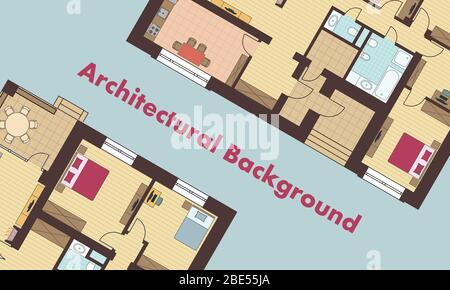 Architekturhintergrund. Architektonische Pläne von Wohngebäuden. Die Zeichnungen der Hütten. Bunte Vektorgrafik EPS10 Stock Vektor