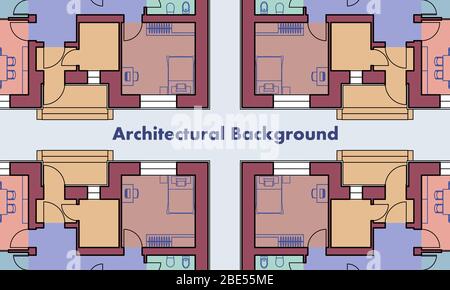 Architekturhintergrund. Architektonische Pläne von Wohngebäuden. Die Zeichnungen der Hütten. Bunte Vektorgrafik EPS10 Stock Vektor