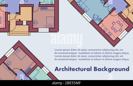 Architekturhintergrund. Architektonische Pläne von Wohngebäuden. Die Zeichnungen der Hütten. Bunte Vektorgrafik EPS10 Stock Vektor