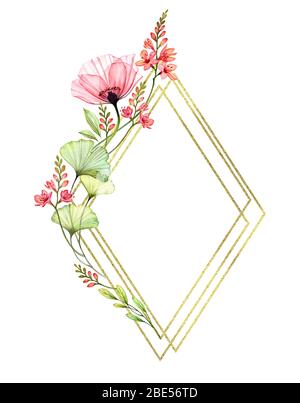 Aquarell Blumenrahmen. Vertikale goldene Glitzerrhombe. Lebendige Frühlingsblumen und Platz für Text. Handbemalte Feder Illustration für Logo und Stockfoto