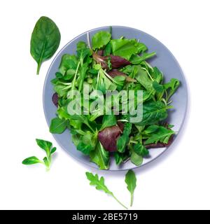 Frischer grüner gemischter Salat mit Spinat, Rucola, Romaine und Salat, auf weißem Hintergrund, Draufsicht Stockfoto
