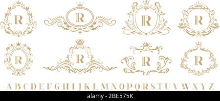 Luxusmonogramm. Vintage dekorative dekorative Monogramme, Retro Luxus goldenen Kranz Emblem und barocken heraldischen Hochzeit Rahmen isoliert Vektor-Symbole Stock Vektor