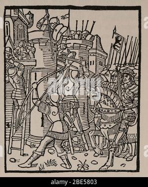 Szenen des Krieges. 15. Jahrhundert. Illustration des "Gefängnis der Liebe" des kastilischen Schriftstellers Diego de San Pedro (1437-1498). Stockfoto
