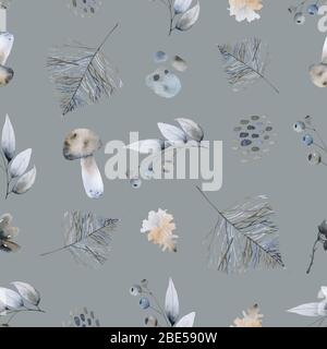 Nahtloses Muster mit Hasen, floralen Elementen, Ästen. Kreative Waldhöhe detaillierte Hintergrund. Perfekt für Kinderbekleidung, Stoff, Textil Stockfoto