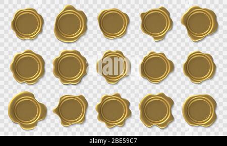 Goldenes Siegel. Umschlag retro Briefmarke, Premium Gold Royal Wachs Siegel und Sicherheit Porto Zertifikat Vektor isoliert Symbole gesetzt Stock Vektor