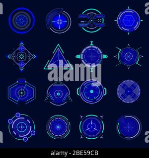 Futuristisches optisches Ziel. UI-Technologie Ziel, Waffe Militär futuristische Ziele und Waffe Ziel, Scharfschütze Fadenkreuz Spiel Kollimator, zukünftige Ziele Stock Vektor