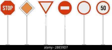 Straßenschilder zur Autobahn. Verkehrsstraße, Straßenschild für Autobahngeschwindigkeit, eingeschränkte Stadt- und Autobahnsymbole. Zeichen für Vorschriften, Warnung und Anleitung Stock Vektor