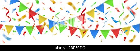 Party Konfetti und Farbfahnen. Feier dekorative Papier Streamer, Geburtstagsfeier Banner Konfetti Explosion und festliche Bunting Vorlage isoliert Stock Vektor