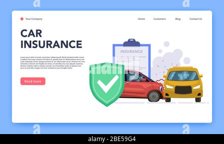 Kfz-Versicherung. Verantwortungsvolle Kfz-Versicherung mobile Anwendung von Schäden und Unfall Crash, Kfz-Versicherung Service Vektor Landing Page Vorlage Stock Vektor