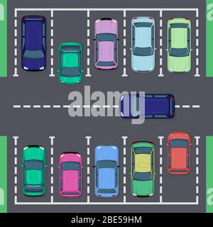 Parkplätze an der Straße. Draufsicht Straßenfahrzeug, öffentliche Parkzone Ansichten und Auto Transport Parkplatz, Stadt Auto Park Vektor-Illustration Set Stock Vektor