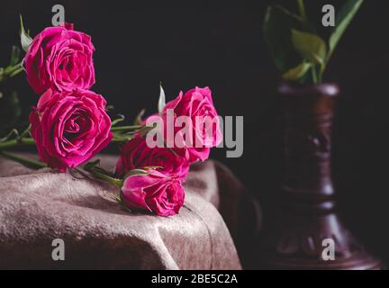 Ein Bündel roter Rosen auf einem braunen Samttuch auf dunklem Hintergrund Stockfoto