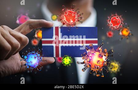 Corona Virus Um Island Flagge. Konzept Pandemie Ausbruch in Land Stockfoto
