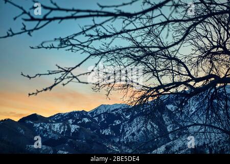 Rosa sunrise in der schönen Bergwelt von Zaili Alatay von Kok Zhaylau Trail in Almaty, Kasachstan Stockfoto