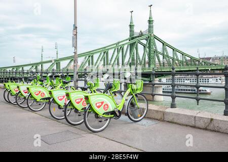 Fahrradverleih MOL Bubi auf dem Hintergrund der Freiheitsbrücke in Budapest Stockfoto