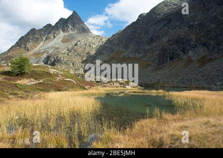 Die Bergseen Crap Alv mit dem Dschimels im Hintergrund oberhalb des Albulapass in Graubünden, Schweiz Stockfoto