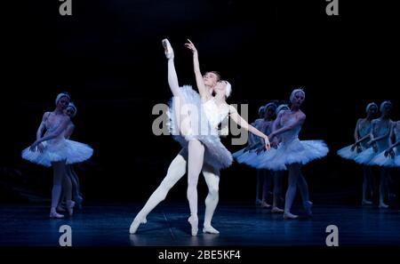 Daria Klimentova (Odette), Vadim Muntagirov (Prinz Siegfried) in SWAN LAKE präsentiert vom English National Ballet (ENB) im London Coliseum 2011 Musik: Tschaikowsky Choreographie: Derek Deane Design: Peter Farmer Beleuchtung: Howard Harrison Stockfoto