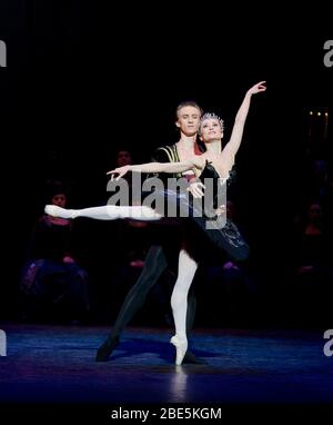 Vadim Muntagirov (Prinz Siegfried), Daria Klimentova (Odile) in SWAN LAKE präsentiert vom English National Ballet (ENB) im London Coliseum 2011 Musik: Tschaikowsky Choreographie: Derek Deane Design: Peter Farmer Beleuchtung: Howard Harrison Stockfoto