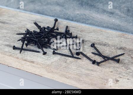 Der Zimmermann verdreht die Schrauben mit einem Schraubendreher in die Bretter. Drehen Sie die Platten mit Schrauben. Stockfoto