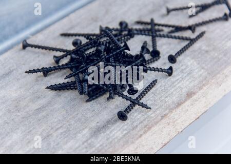 Der Zimmermann verdreht die Schrauben mit einem Schraubendreher in die Bretter. Drehen Sie die Platten mit Schrauben. Stockfoto