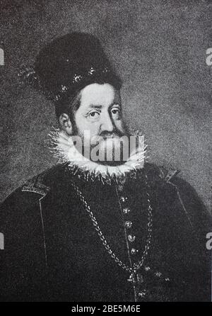 Rudolf II., 18. Juli 1552 - 20. Januar 1612, war Kaiser des Heiligen Römischen Reiches (1576-1612), König von Böhmen (1575-1611), König von Ungarn (1572-1608) und Erzherzog von Österreich (1576-1608) / Rudolf II., 18. Juli 1552 - 20. Januar 1612, war Kaiser des Heiligen Römischen Reichs (1576-1612), König von Böhmen (1575-1611) sowie König von Ungarn (1572-1608) und Erzherzog von Österreich (1576-1608), historisch, digital verbesserte Reproduktion eines Originals aus dem 19. Jahrhundert / digitale Reproduktion einer Originalvorlage aus dem 19. Jahrhundert. Jahrhundert Stockfoto