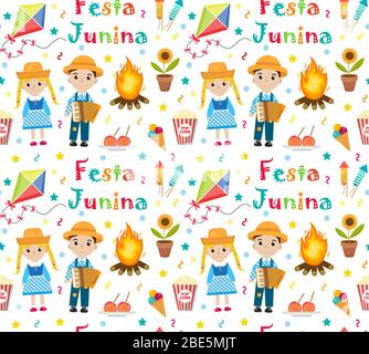 Festa Junina nahtloses Muster. Brasilianisches lateinamerikanisches Festival endloser Hintergrund. Wiederholende Textur mit traditionellen Symbolen. Illustration. Stockfoto