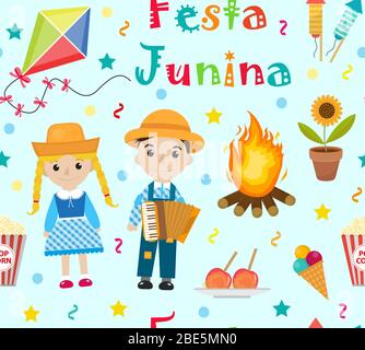 Festa Junina nahtloses Muster. Brasilianisches lateinamerikanisches Festival endloser Hintergrund. Wiederholende Textur mit traditionellen Symbolen. Illustration. Stockfoto