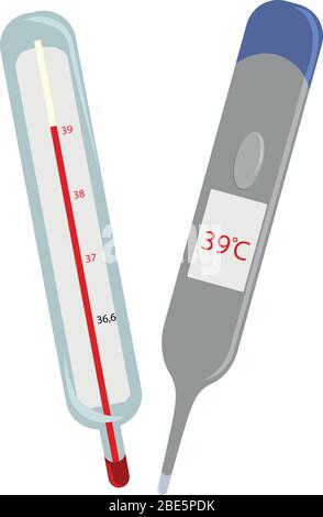 Satz Thermometer. Fieber. Lungenentzündung, Sepsis und Vergiftung. Medizinische Geräte. Stock Vektor