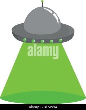 UFO. Fliegende Untertasse mit grünem Schein. Platz für Text. Übernatürliches Aufdruck und Poster. Wissenschaft und Verkehr. Stock Vektor