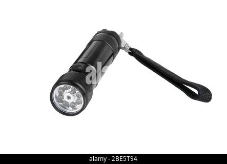 Taschenlampe auf weißem Hintergrund isoliert. Taschenlampe aus schwarzem Metall, Taschenlampe, batteriebetrieben. Stockfoto