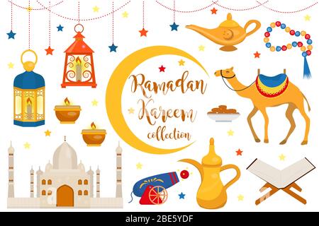 Ramadan kareem flat Icon set, Cartoon-Stil. Sammlung von arabischen Design-Elementen mit Kamel, koran, Laternen, Rosenkranz, Essen, Moschee. Illustration. Stockfoto