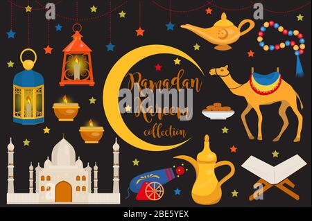 Ramadan kareem flat Icon set, Cartoon-Stil. Sammlung von arabischen Design-Elementen mit Kamel, koran, Laternen, Rosenkranz, Essen, Moschee. Illustration. Stockfoto