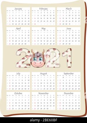 2021 Jahreskalender 12 Monate, Kalendervorlage in vertikaler Ausrichtung mit schöner Aufschrift 2021 mit dem Symbol der Jahreskuh, Stier. Stock Vektor