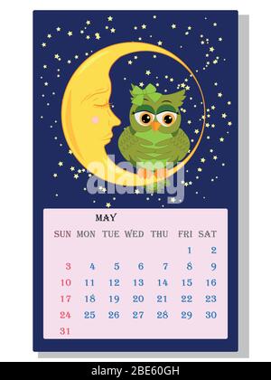 Kalender 2021. Niedlicher Kalender mit lustigen Cartoon-Eulen Stock Vektor