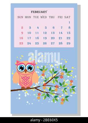 Kalender 2021. Niedlicher Kalender mit lustigen Cartoon-Eulen Stock Vektor