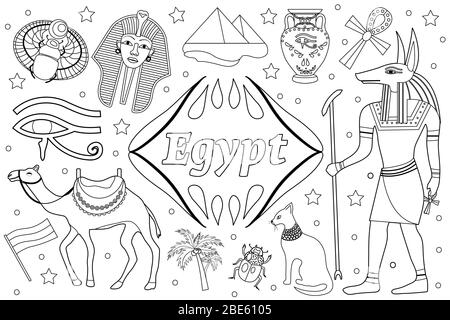 Alte Magie Ägypten Set Objekte Objekte. Malbuch Seite für Kinder. Kollektion Design Elemente Hexenkäfer, pharao, Pyramide, anubis, anubis Stockfoto